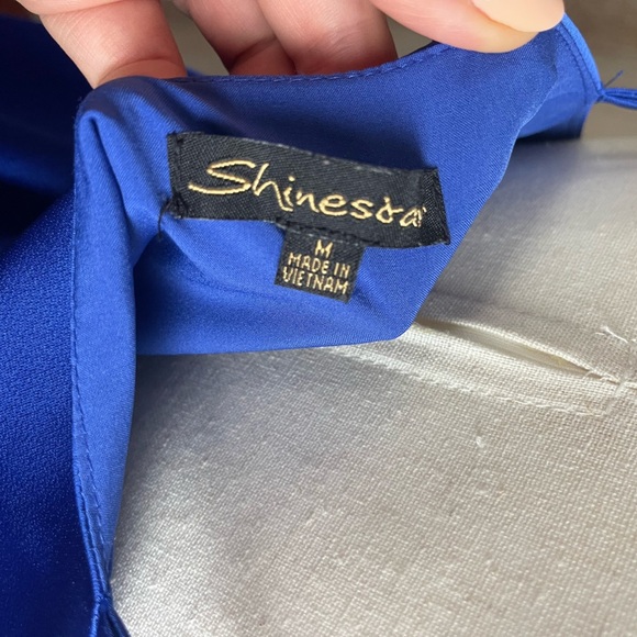 Blue Satin Fitted Midi Dress - Picture 7 of 10